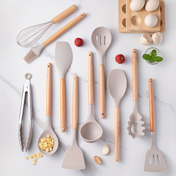Kit complet d'ustensiles de cuisine en silicone 12 pièces kaki