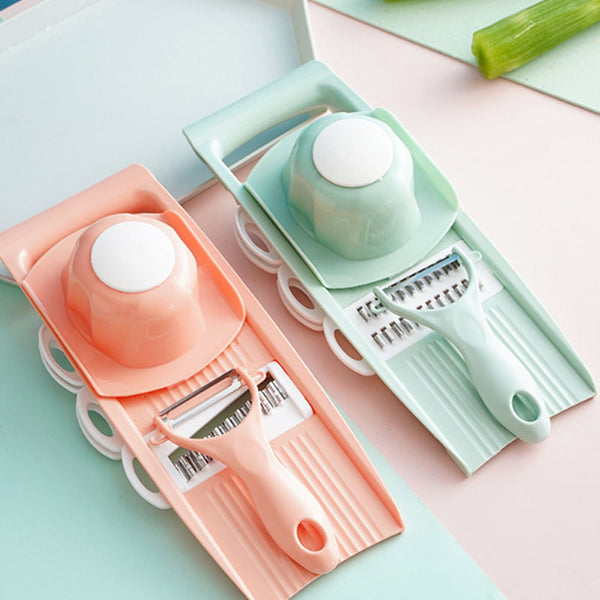 Mandoline de cuisine manuelle 5 en 1 vert et rose 