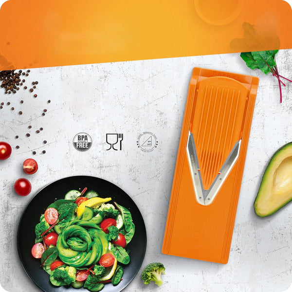mandoline cuisine a lame en V de couleur orange 